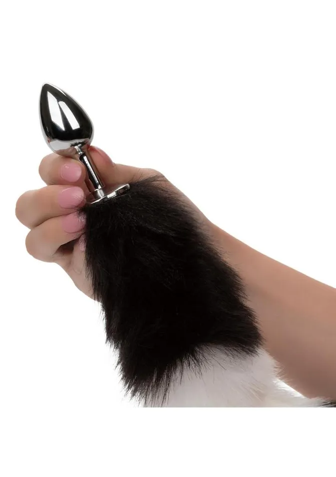 Running Wild Anal Running Wild Black and White Tail Faux Fur Tail and Metallic Anal Plug