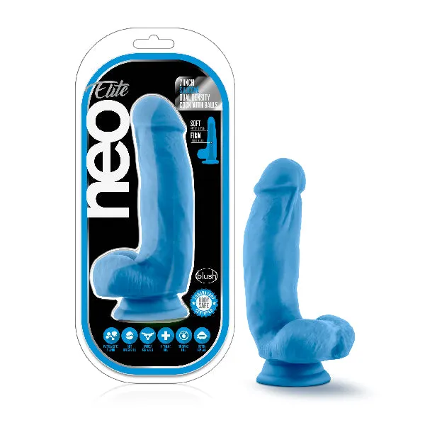 Blush Neo Elite 7in Silicone Dual Density Cock with Balls Neon Blue Female Sex Toys Blush Neo Elite 7in Silicone Dual Density Cock with Balls Neon Blue Female Sex Toys