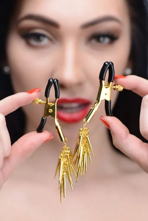 XR Brands Male Sex Toys Master Series Lure Adjustable Nipple Clamps WGold Spikes XR Brands Male Sex Toys Master Series Lure Adjustable Nipple Clamps WGold Spikes