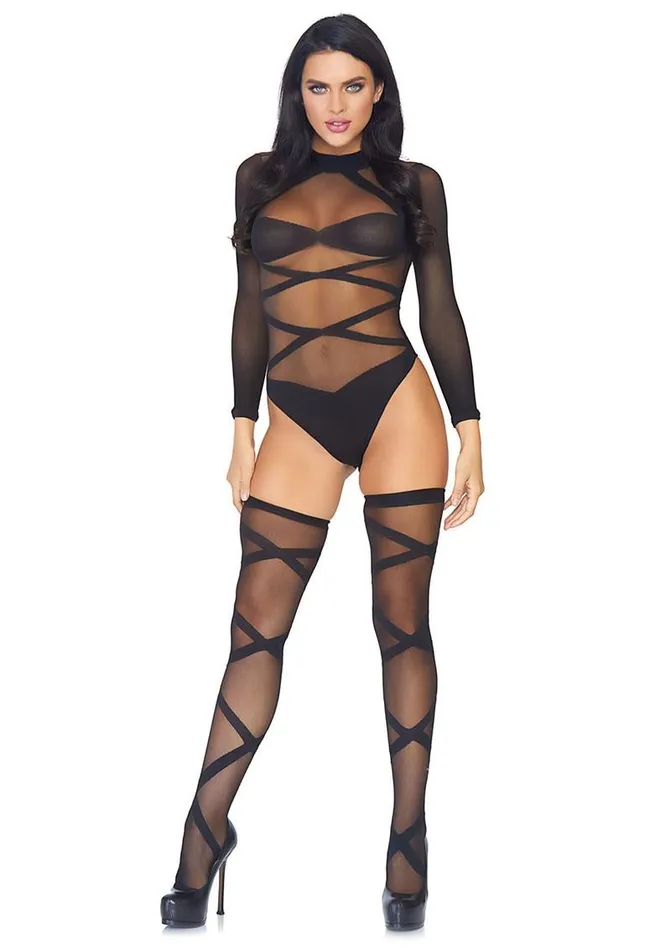 Anal Leg Avenue Sheer Criss Cross Teddy and Matching Thigh High Set