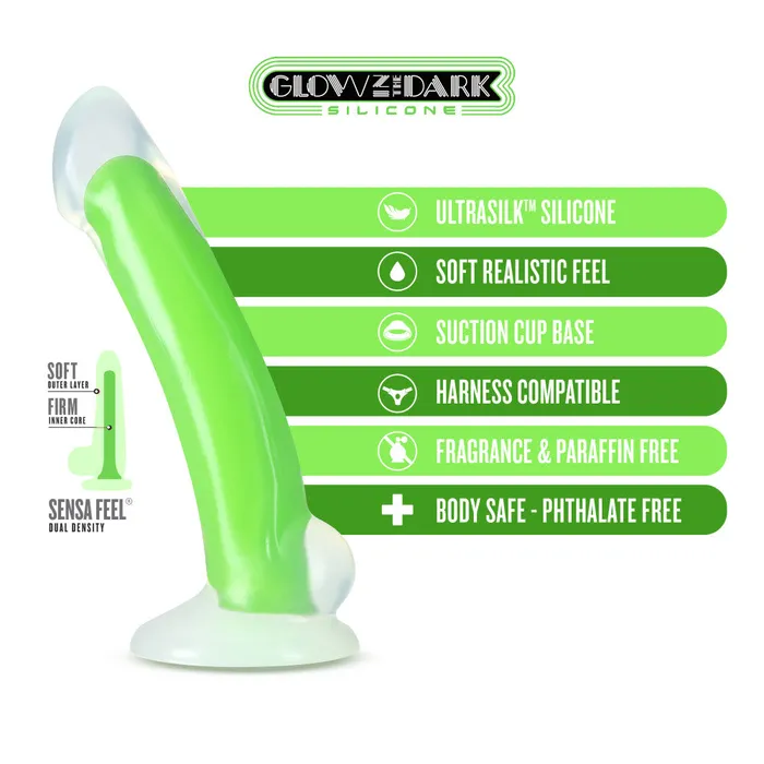 Neo Elite By Blush Omnia Glow In The Dark Neon Green 7Inch Long Curved Dildo Made with Purio Silicone SensaFeel Dual Density Realistic Technology Blush Dildos