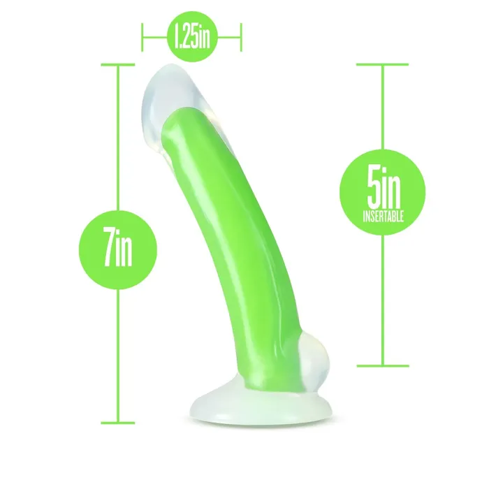Neo Elite By Blush Omnia Glow In The Dark Neon Green 7Inch Long Curved Dildo Made with Purio Silicone SensaFeel Dual Density Realistic Technology Blush Dildos