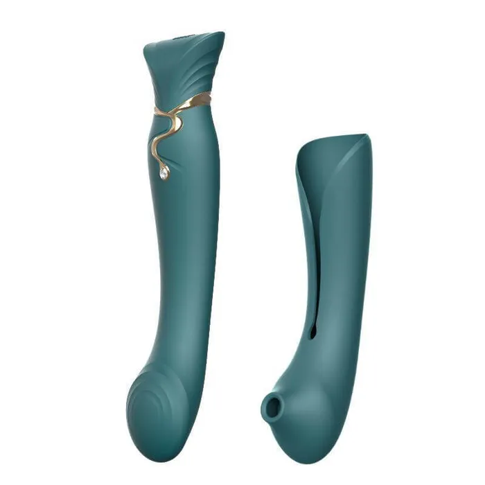 ZALO Female Sex Toys ZALO Queen Set Gspot PulseWave 17function Appcontrolled Rechargeable Silicone Vibrator with Suction Sleeve Jewel Green
