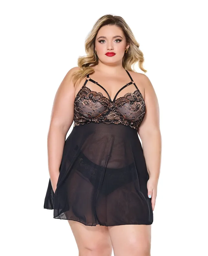 Coquette International Vibrators Lace and Mesh Underwire Babydoll with Thong BlackRose Gold 1X2X Coquette International Vibrators Lace and Mesh Underwire Babydoll with Thong BlackRose Gold 1X2X