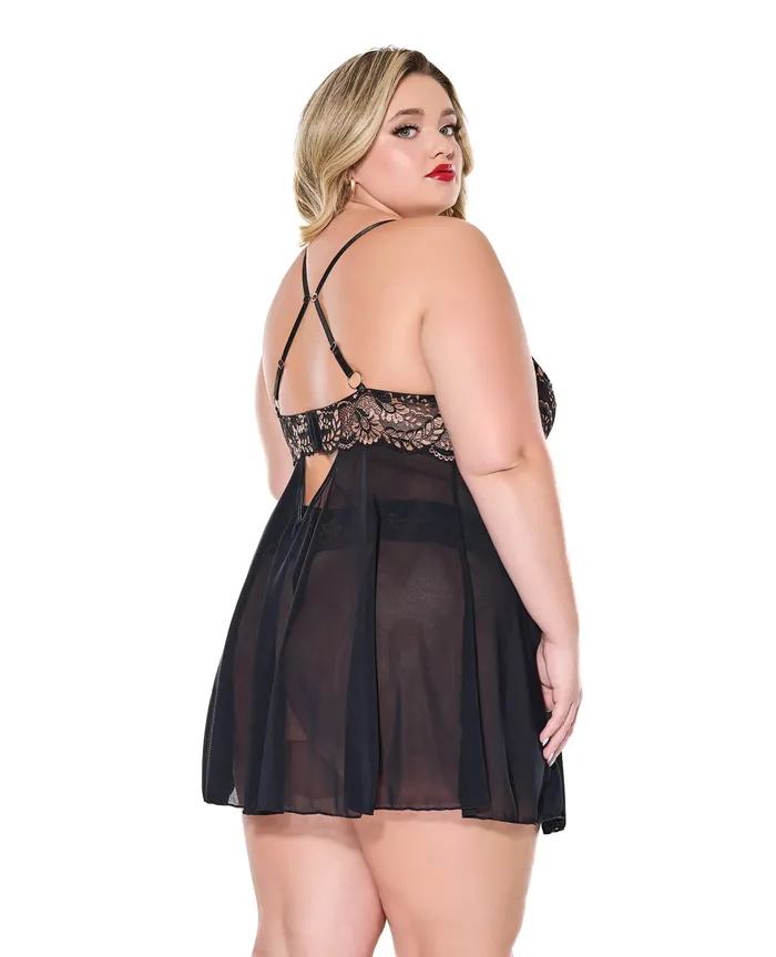 Coquette International Vibrators Lace and Mesh Underwire Babydoll with Thong BlackRose Gold 1X2X Coquette International Vibrators Lace and Mesh Underwire Babydoll with Thong BlackRose Gold 1X2X