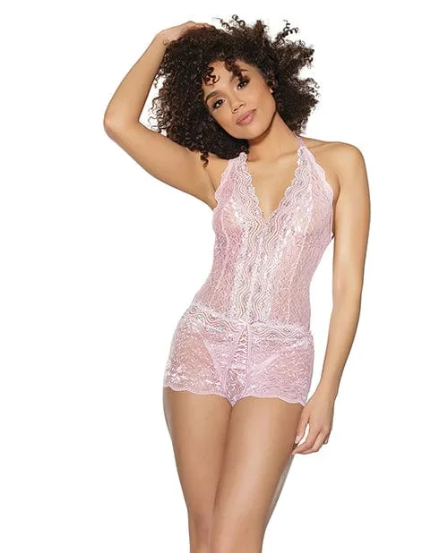 Crystal Pink Halter Crotchless Teddy PinkSilver One Size Fits Most Coquette International Vibrators Crystal Pink Halter Crotchless Teddy PinkSilver One Size Fits Most Coquette International Vibrators