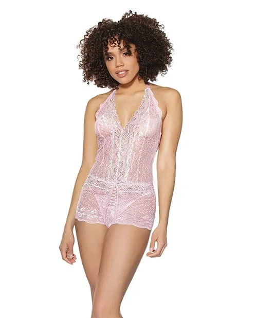 Crystal Pink Halter Crotchless Teddy PinkSilver One Size Fits Most Coquette International Vibrators Crystal Pink Halter Crotchless Teddy PinkSilver One Size Fits Most Coquette International Vibrators