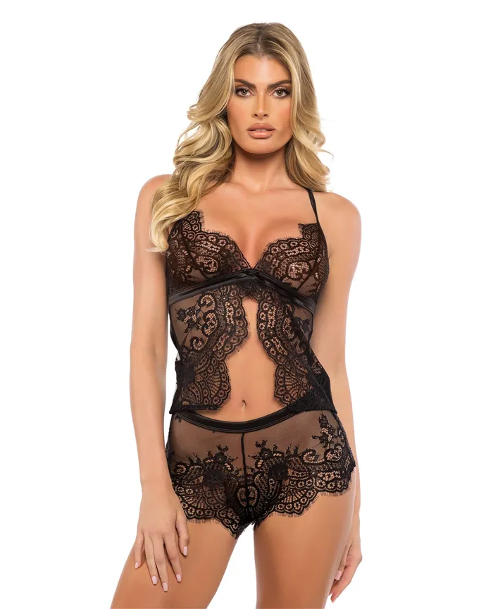 Dreamers Lust Scalloped Eyelash Lace and Satin 2 pc Camisole Set Black Roma Costume Anal