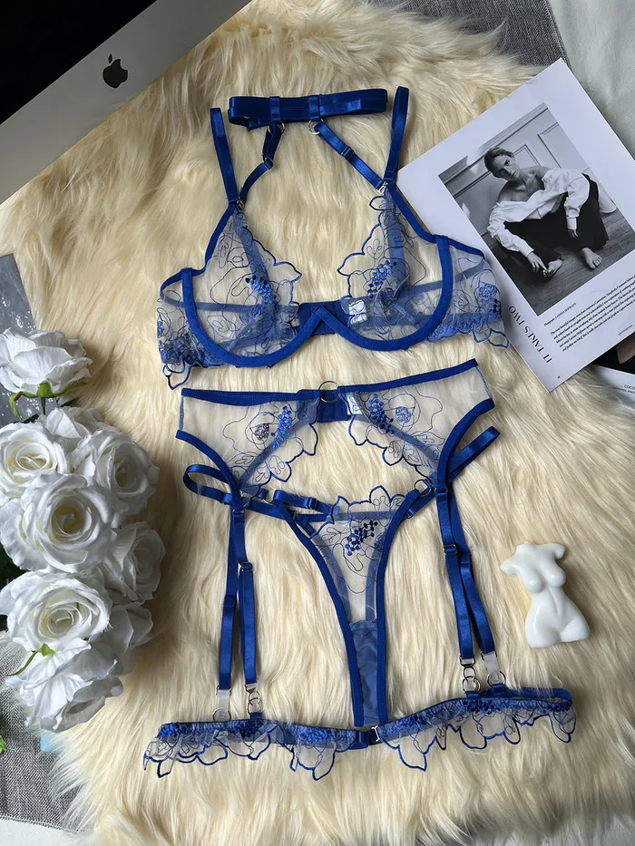 Female Sex Toys Floral Embroidered Halter Bra and Panty Sets with Garter Belt Lingerie Sets honeysx