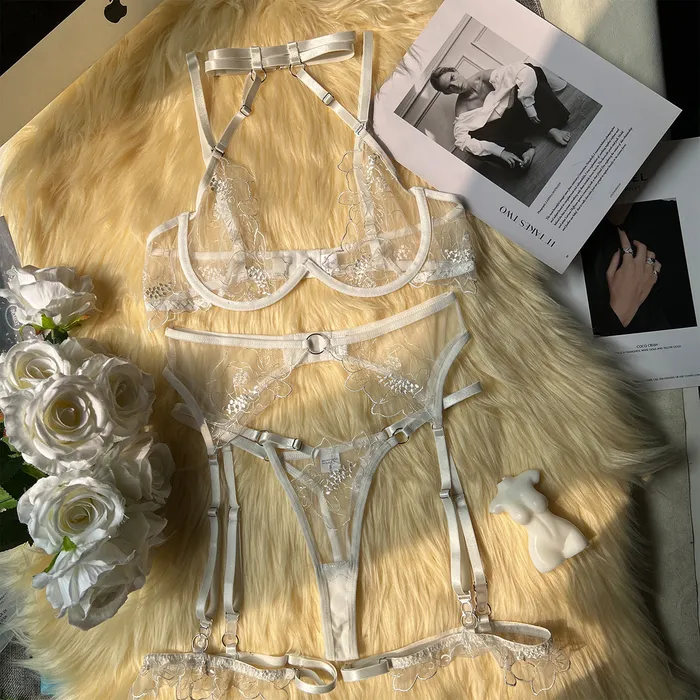 Female Sex Toys Floral Embroidered Halter Bra and Panty Sets with Garter Belt Lingerie Sets honeysx