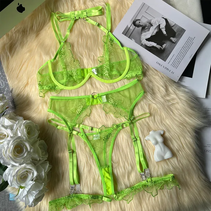 Female Sex Toys Floral Embroidered Halter Bra and Panty Sets with Garter Belt Lingerie Sets honeysx