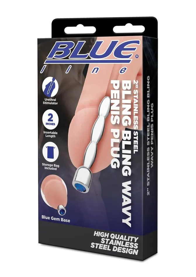 Anal Blue Line Bling Bling Wavy Penis Plug 2in Stainless Blue Line CandB Gear