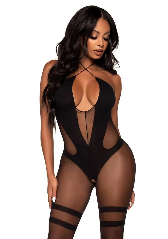 Leg Avenue Bodystockings Playsuits Leg Avenue Opaque and Sheer Keyhole Twist Halter Bodystocking